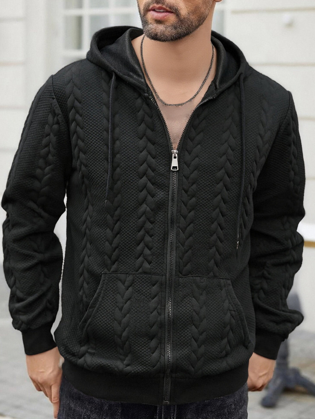 Herren strukturierte Kapuzen-Sweatjacke mit Zopfmuster, durchgehendem Reißverschluss und Kängurutasche – Cavarno