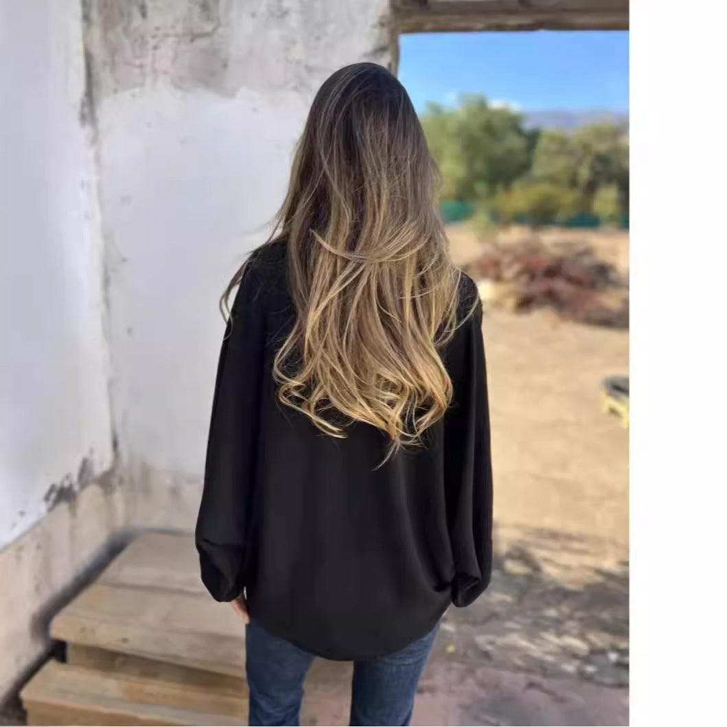 Damen Locker geschnittene Viskose-Hemdbluse mit Oversize-Schnitt und Ballonärmeln Echoarchiv