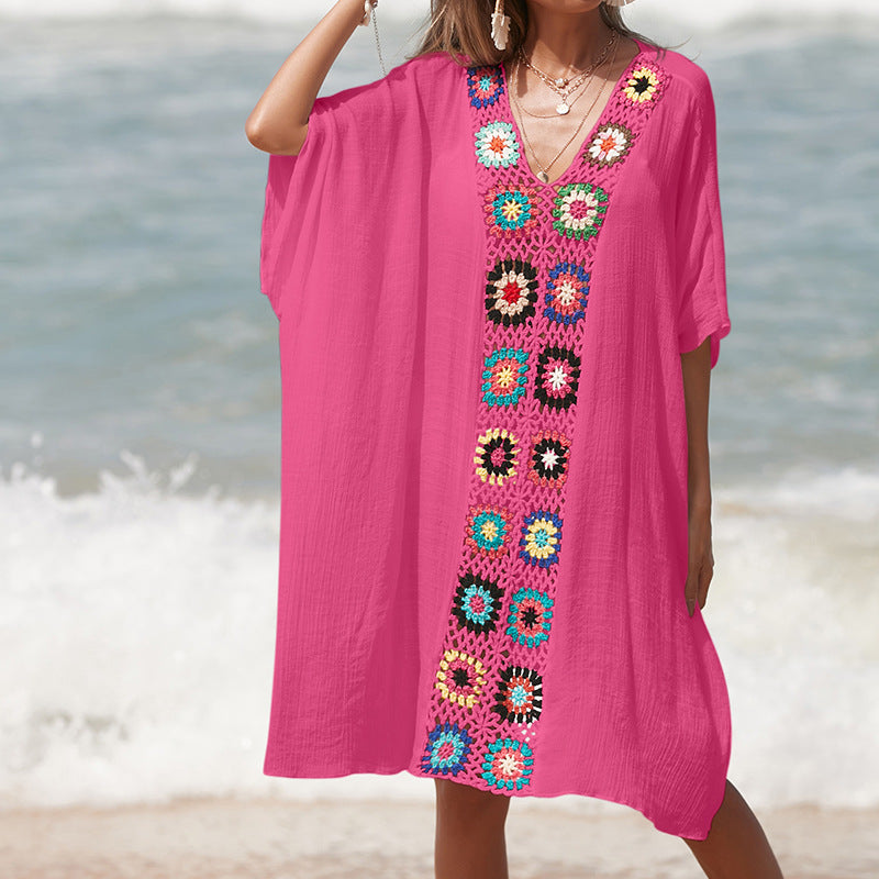 Damen Häkel-Strandtunika im lässigen Oversize-Stil mit bunten Applikationen Echo Archiv