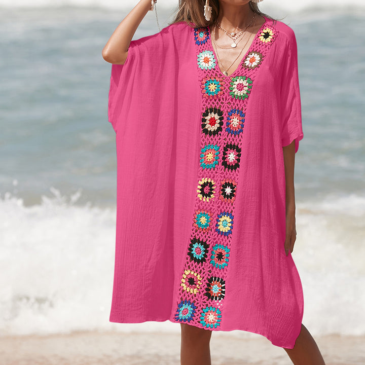 Damen Häkel-Strandtunika im lässigen Oversize-Stil mit bunten Applikationen Echo Archiv