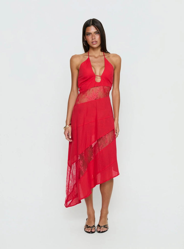 Damen Halterkleid mit transparenten Einsätzen und asymmetrischem Saum Echo Archiv