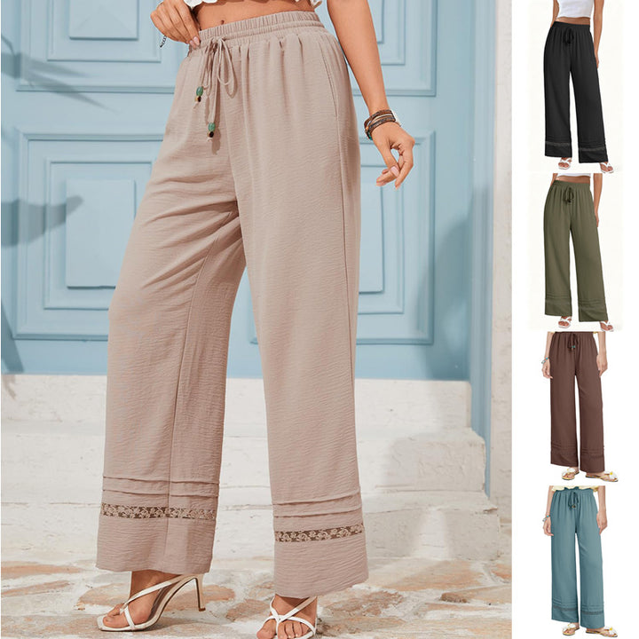Damen Weite Leinenoptik-Hose mit hohem Gummibund, Bindekordel und Spitzeneinsatz Echo Archiv