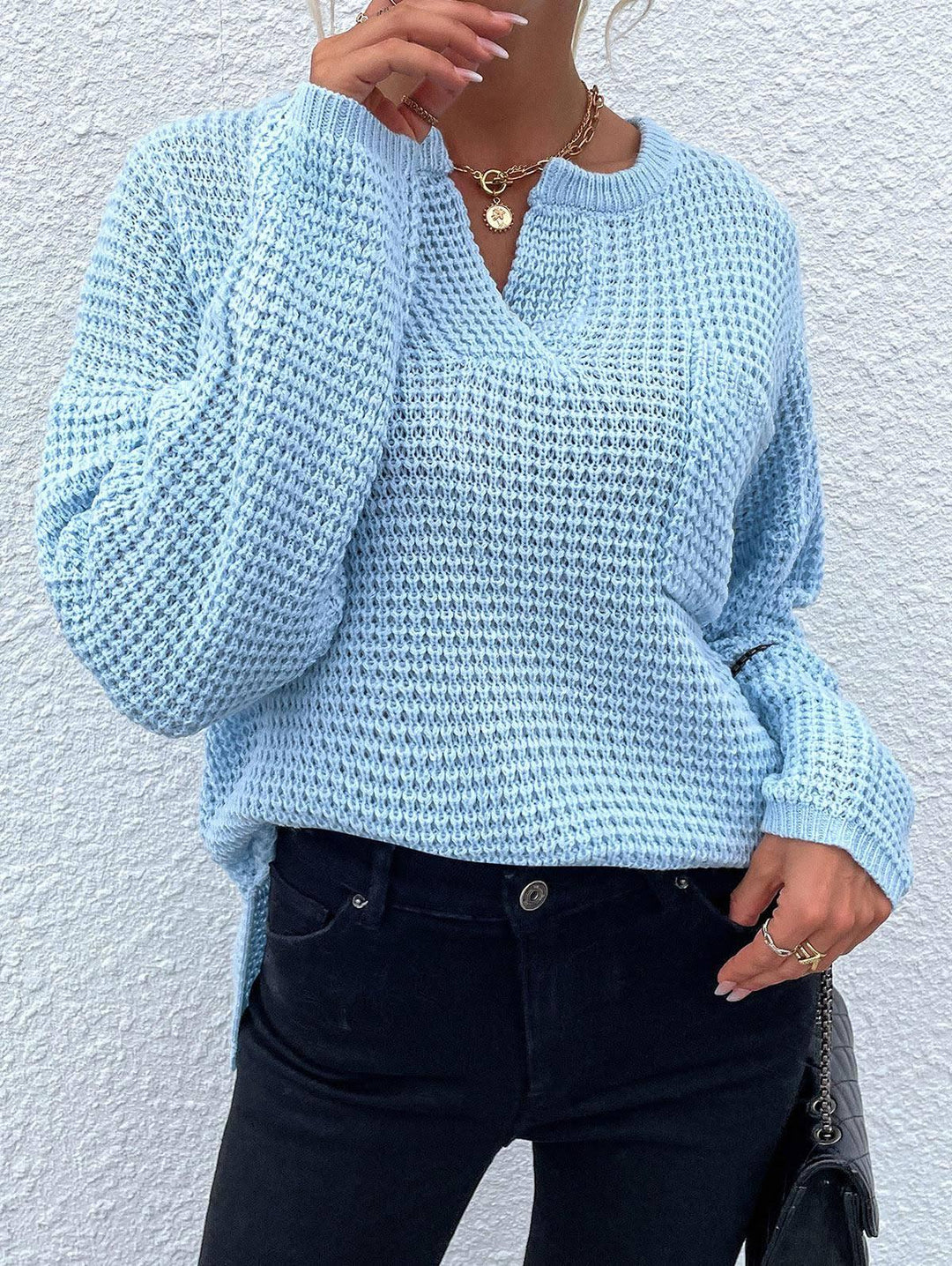 Damen Waffelstrick-Pullover mit V-Schlitz, oversized Schnitt und Ballonärmeln Echo Archiv