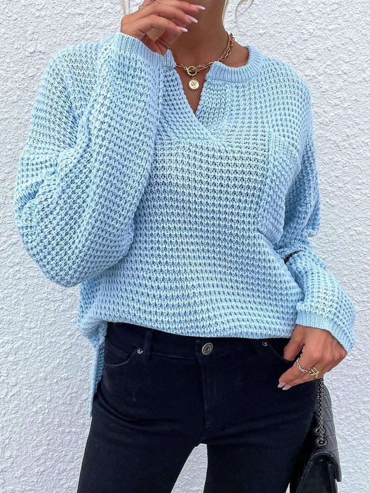 Damen Waffelstrick-Pullover mit V-Schlitz, oversized Schnitt und Ballonärmeln Echo Archiv