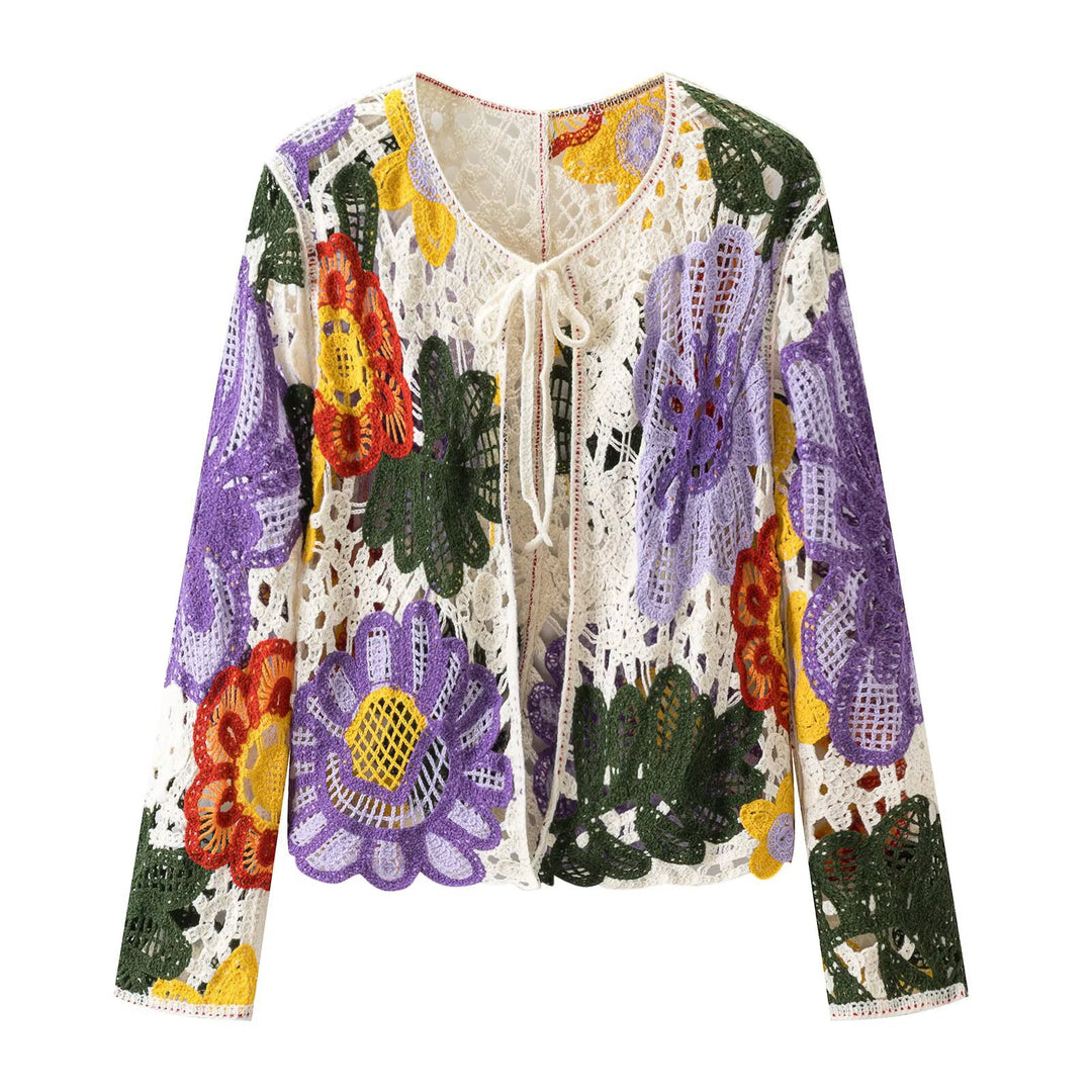 Damen Häkel-Cardigan mit floralen Applikationen und Bindeband Echo Archiv
