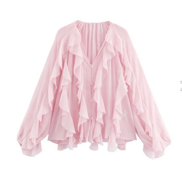 Damen Rüschenbluse mit weitem Schnitt und ballonartigen Ärmeln Echo Archiv