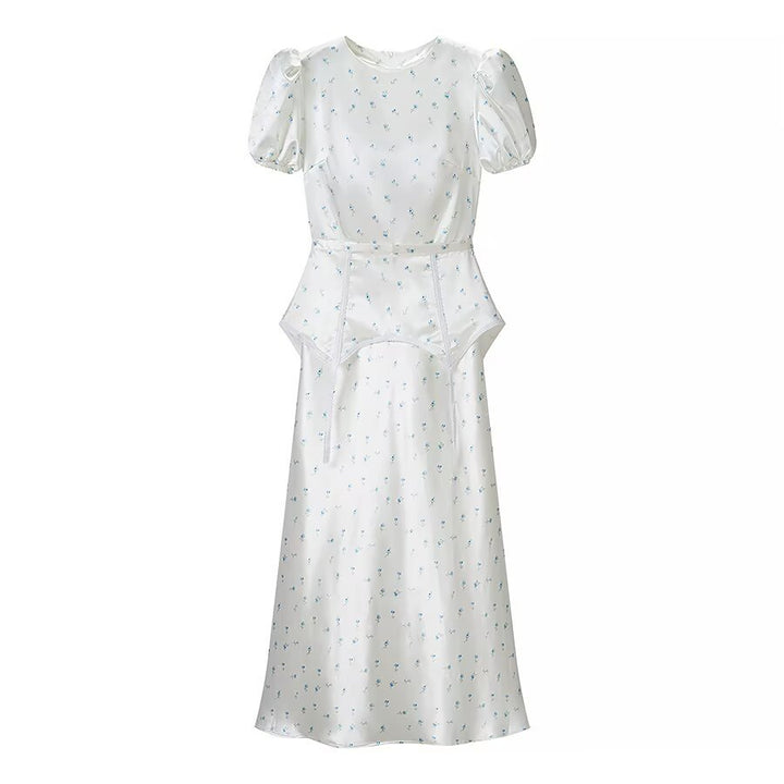 Damen Midikleid aus Satin mit Puffärmeln, integrierter Korsagen-Peplum und zartem Blumenprint Echo Archiv