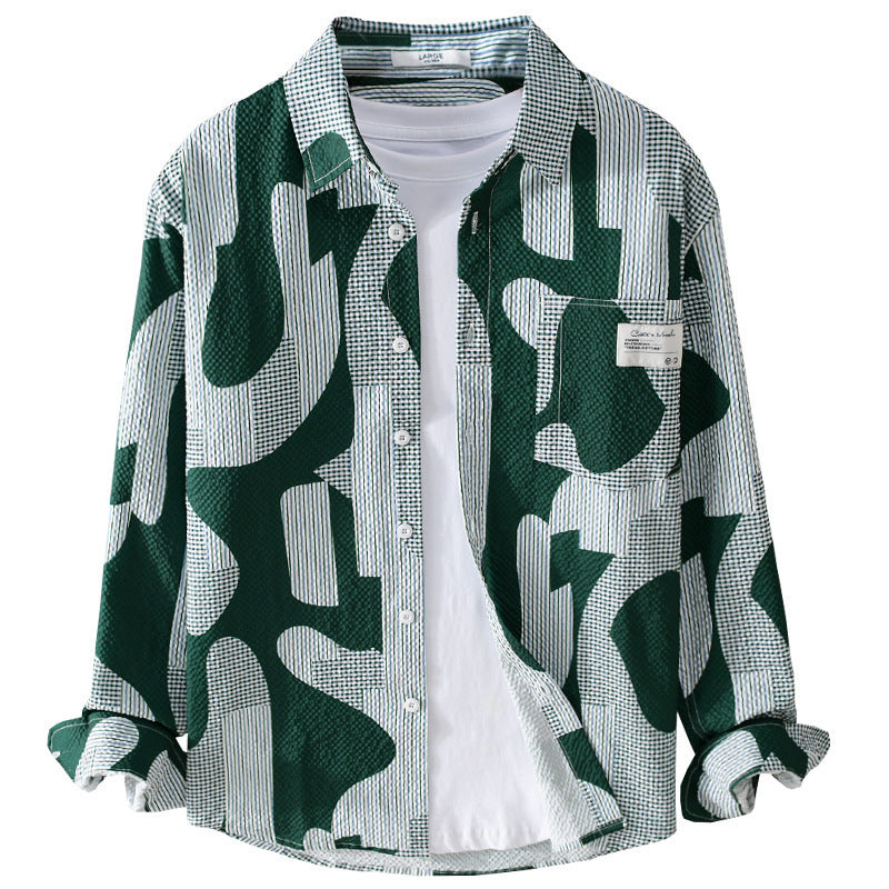 Herren Lockeres gemustertes Baumwoll-Overshirt mit Crinkle‑Struktur Echoarchiv