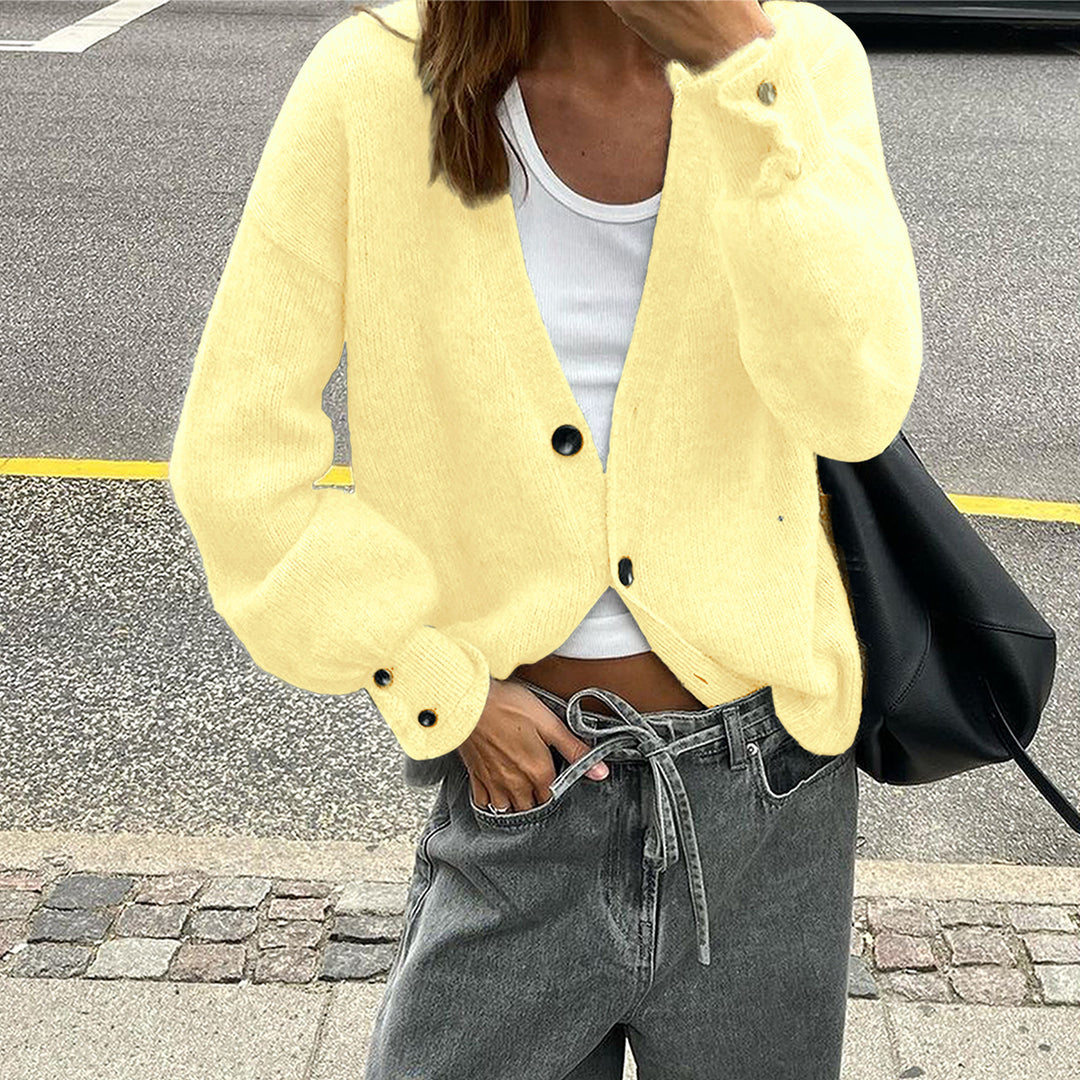 Damen lässige Strickjacke mit tiefem V-Ausschnitt, aufgesetzten Knopfleisten und Ballonärmeln – Veloura