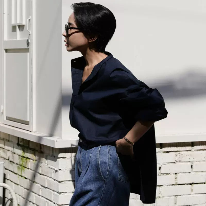 Damen Oversize-Hemd aus Baumwollpopeline mit Kentkragen und verlängertem Rückenteil – Maréline