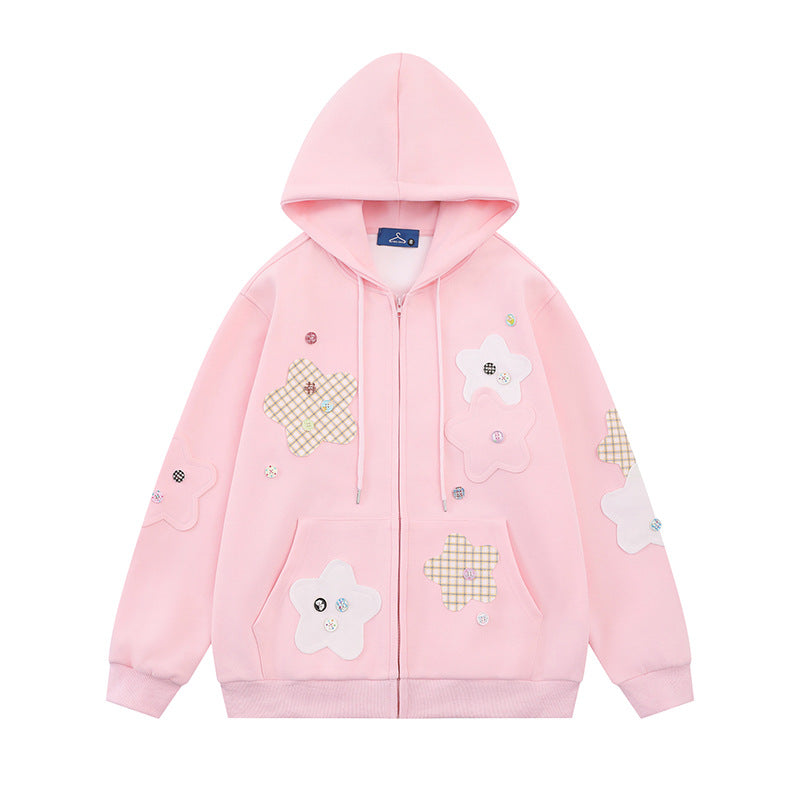 Damen Oversize-Zip-Hoodie mit floralen Stern-Applikationen und Knopf-Details Echoarchiv