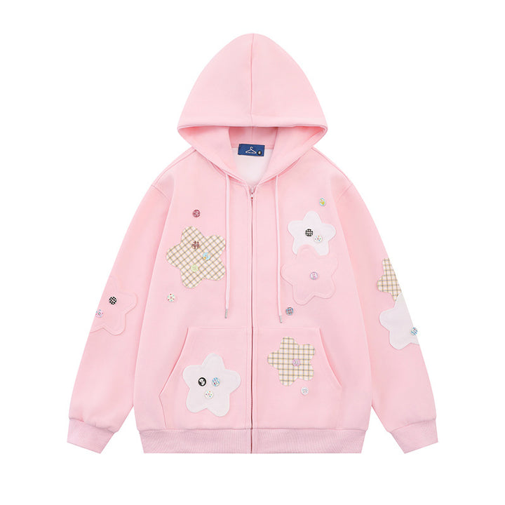 Damen Oversize-Zip-Hoodie mit floralen Stern-Applikationen und Knopf-Details Echoarchiv