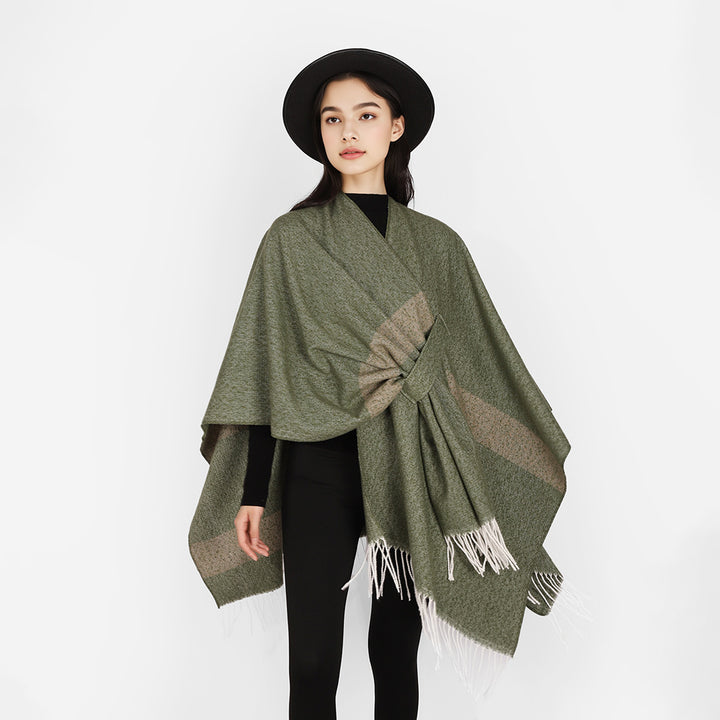 Damen Wollmix-Capeponcho mit Bindeschlaufen, weichgewebtem Oversize-Überwurf und Fransensaum – Avérine