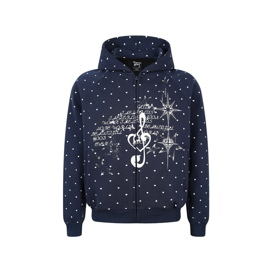 Damen Zip‑Hoodie im Herz-Allover mit Notenschlüssel‑Print und Kängurutaschen Echoarchiv