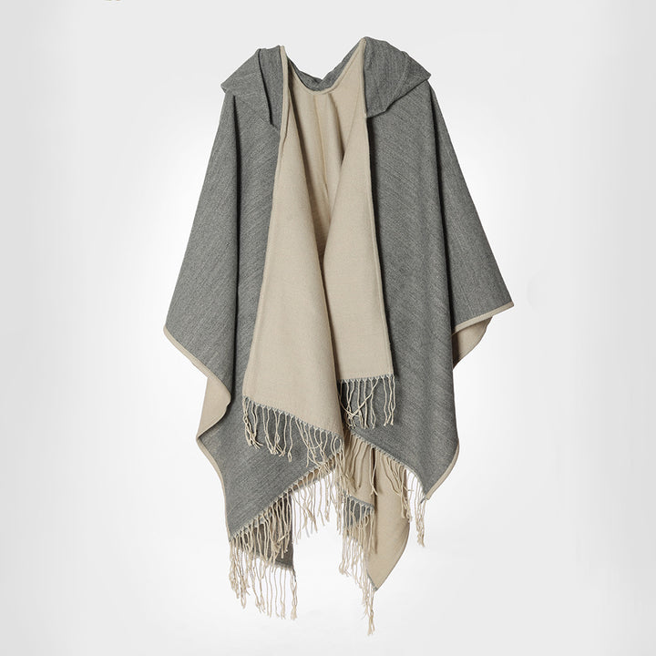 Damen Kapuzencape aus Wollmix mit Wendefunktion und Fransensaum – Montévia