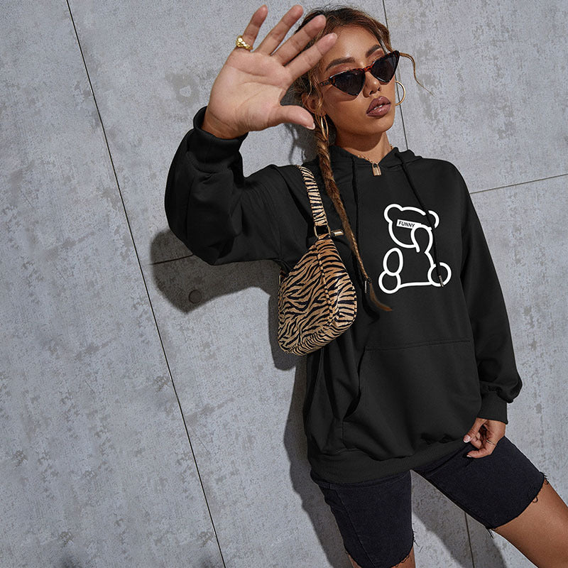 Damen Oversize-Kapuzenpullover mit Teddy-Grafik, Kängurutasche und Tunnelzug Echoarchiv