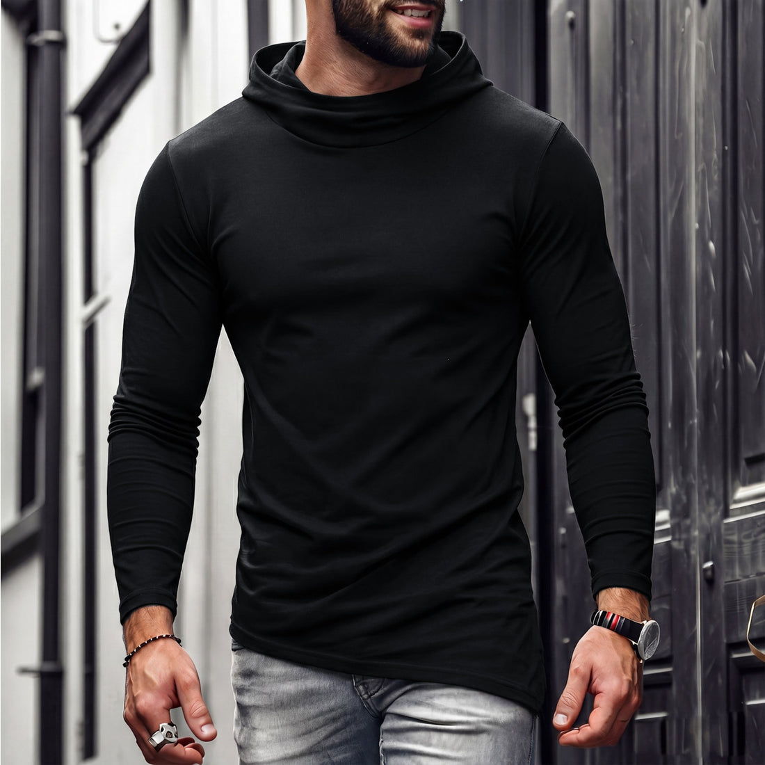 Herren Enganliegendes Langarmshirt mit hohem Schlauchkragen und asymmetrischem Saum Echo Archiv