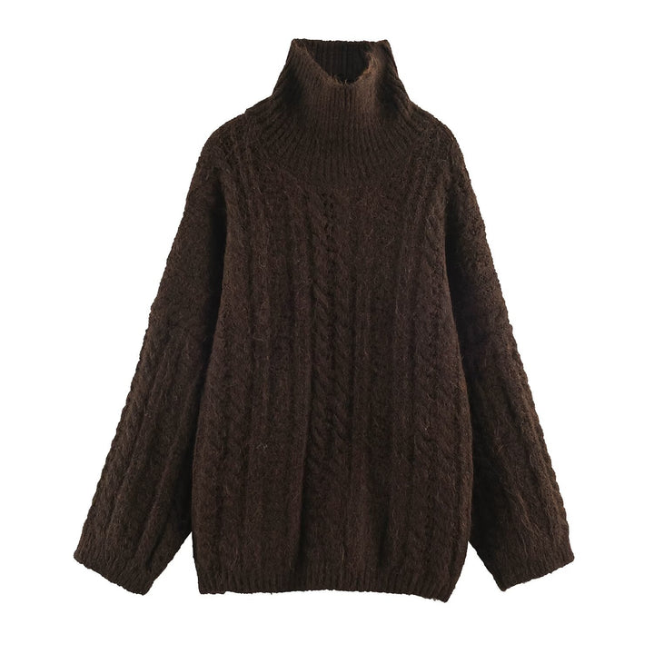 Damen Grobgestrickter Oversize-Pullover mit hohem Rollkragen und Zopfmuster Echoarchiv