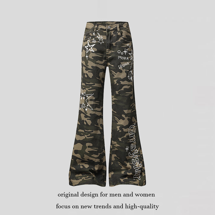 Damen Weite High‑Waist Palazzo‑Jeans im Camouflage‑Print mit Stern‑ und Schriftapplikationen, Schlaghose Echoarchiv