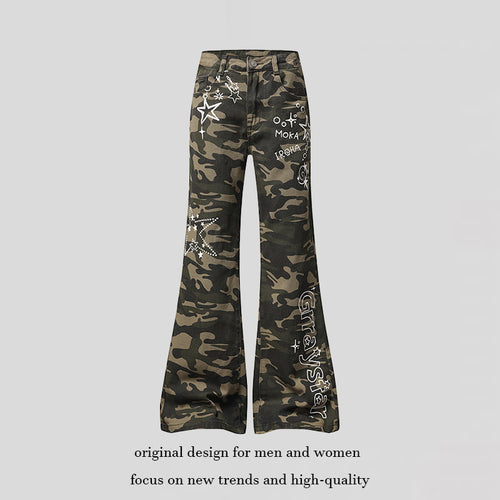 Damen Weite High‑Waist Palazzo‑Jeans im Camouflage‑Print mit Stern‑ und Schriftapplikationen, Schlaghose Echoarchiv