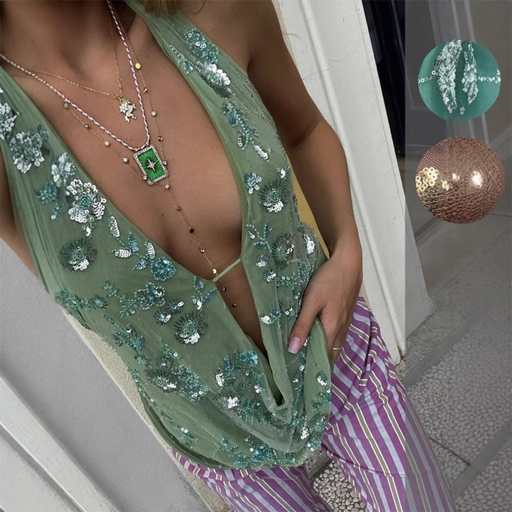 Damen Glitzerndes Spaghetti-Trägeroberteil mit floralen Applikationen und tiefem Ausschnitt Echo Archiv