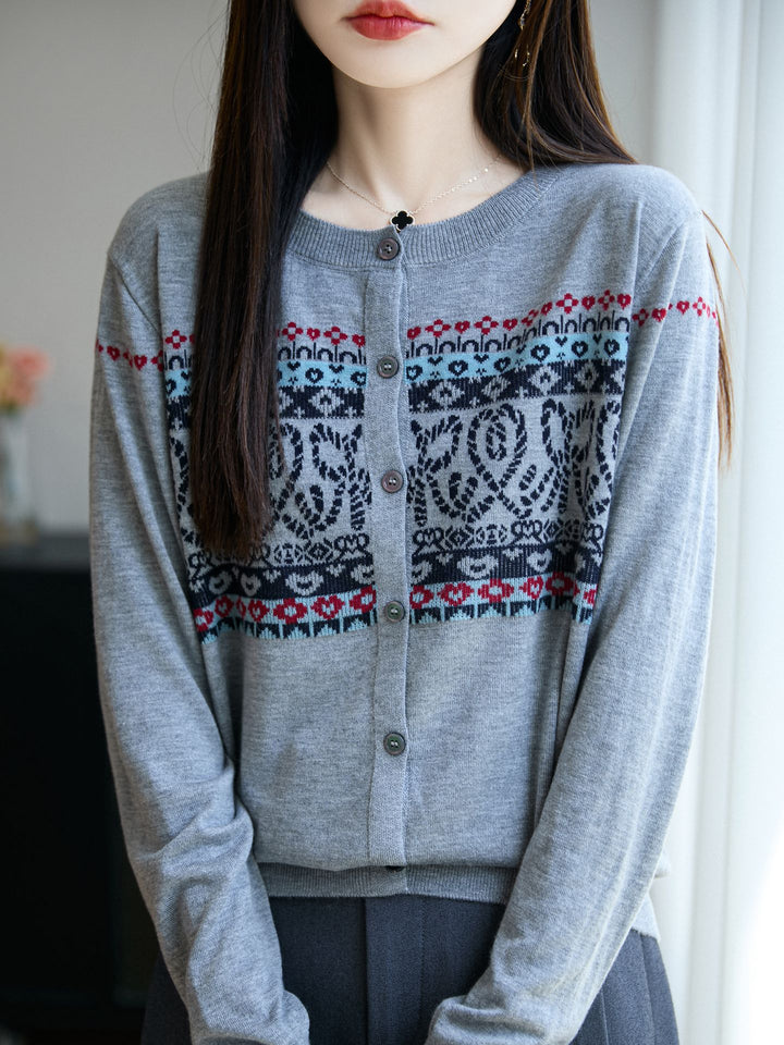Damen Leichter Feinstrick-Cardigan mit nordischem Jacquardmuster und feiner Knopfleiste Echoarchiv