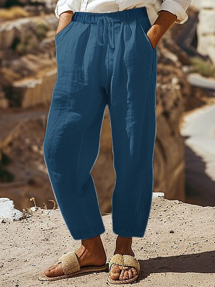 Damen Casual-Chino Leinenoptik Culotte mit elastischem Tunnelzugbund und Eingrifftaschen – Avélisse