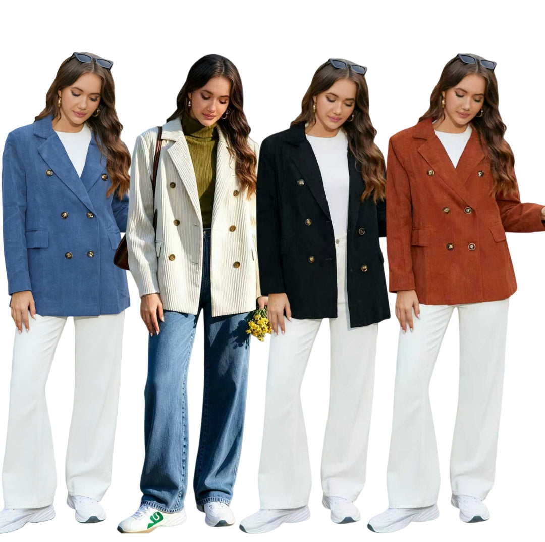 Damen Langer Cord-Blazer im Doppelreiher mit Reverskragen und Pattentaschen Echoarchiv