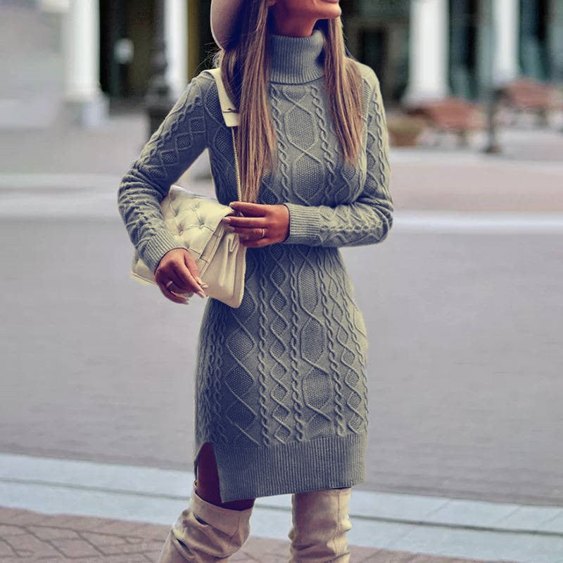 Damen nan figurbetontes Strickkleid mit Rollkragen, Zopfmuster, seitlichem Schlitz und geripptem Saum Echo Archiv