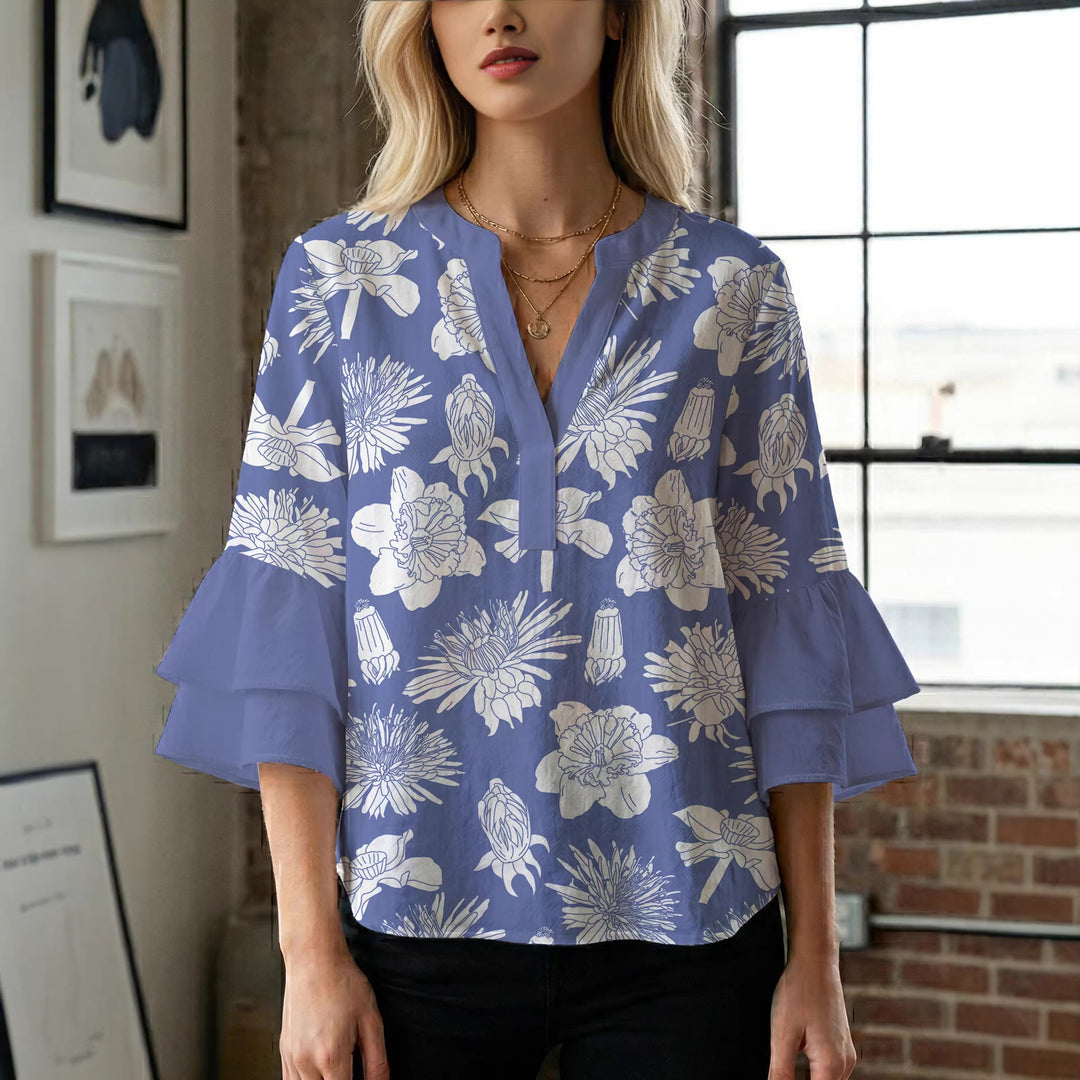 Damen elegantes Blusenshirt mit voluminösen Rüsenärmeln und grafischem Blumendesign Echo Archiv