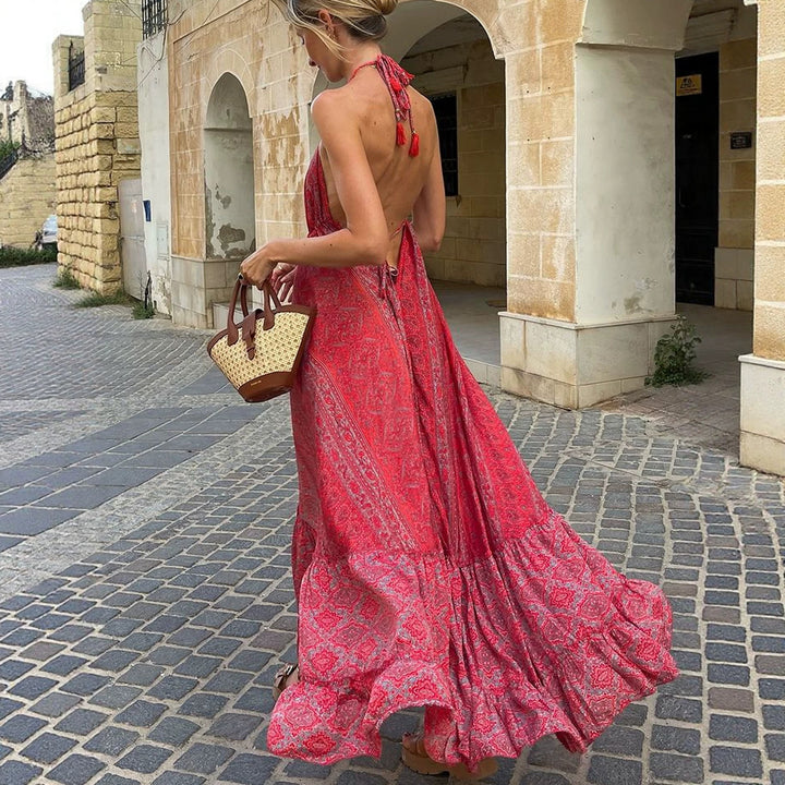Damen Boho-Maxikleid mit Nackenband, Rückenfreiem Schnitt und Volant – Avérine