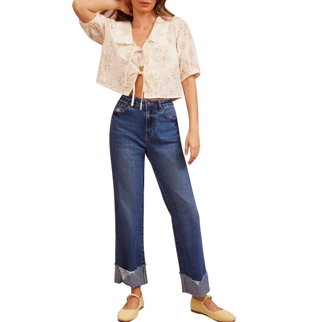 Damen Hochtaillierte Cropped-Jeans mit weitem Bein und ausgefranstem Umschlag Echo Archiv