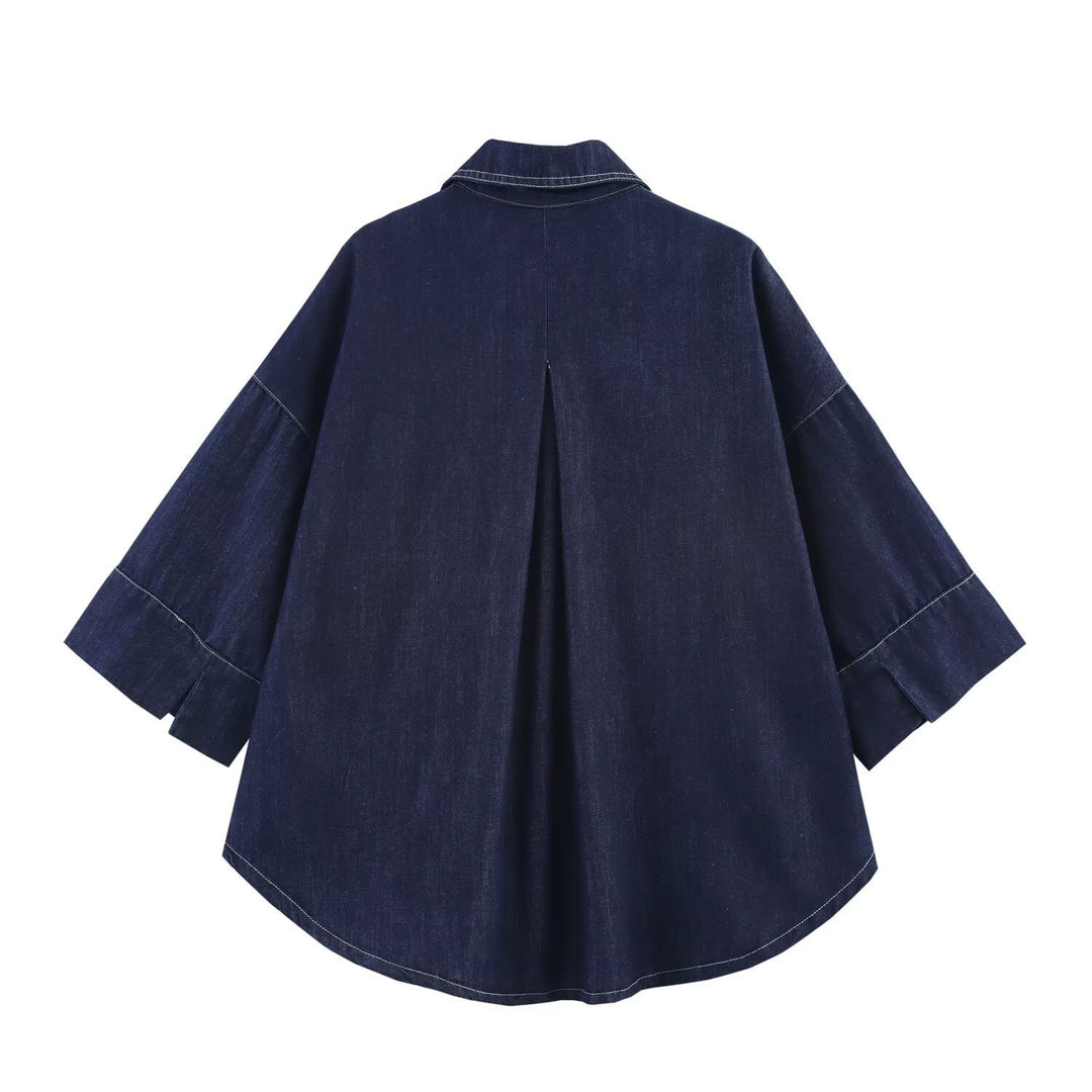 Damen Oversized Denim‑Hemdenjacke mit dreiviertel Ärmeln und High‑Low‑Saum Echo Archiv