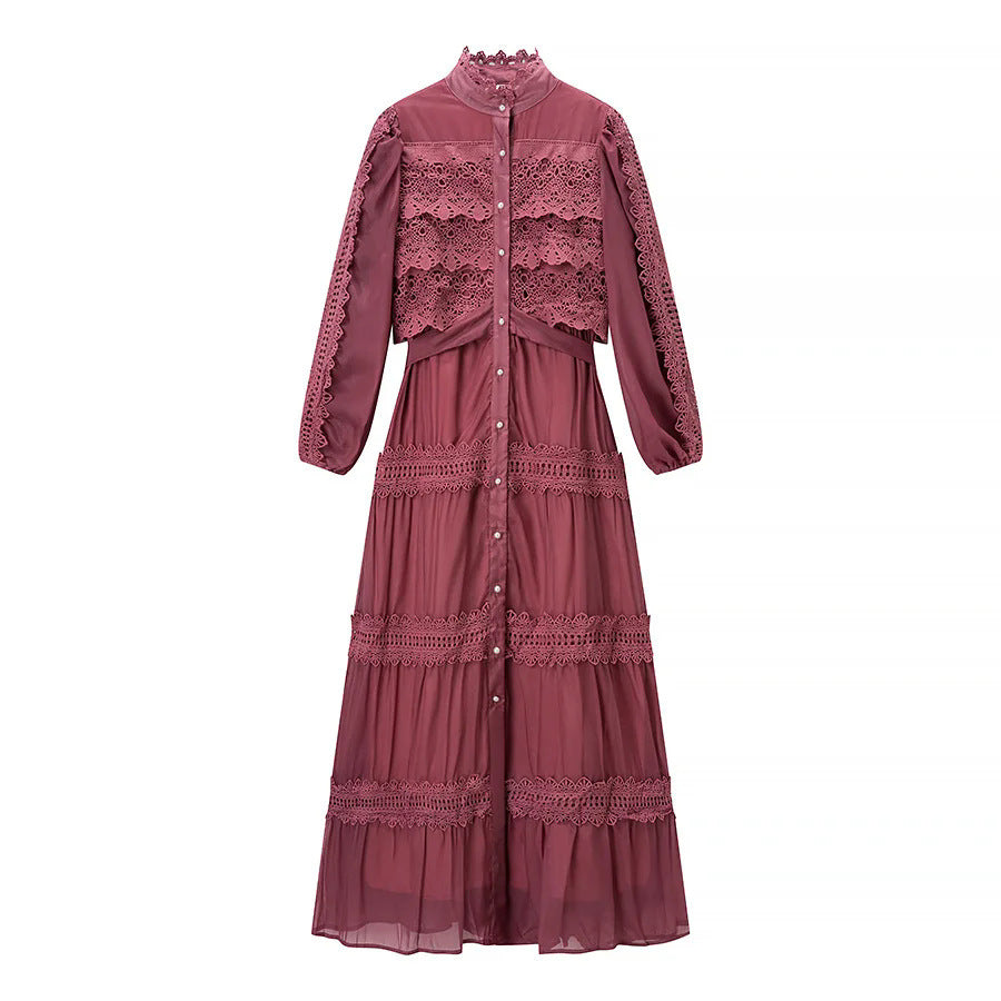 Damen romantisches Maxikleid mit Stehkragen, Knopfleiste und gehäkelten Spitzeneinsätzen – Valéora