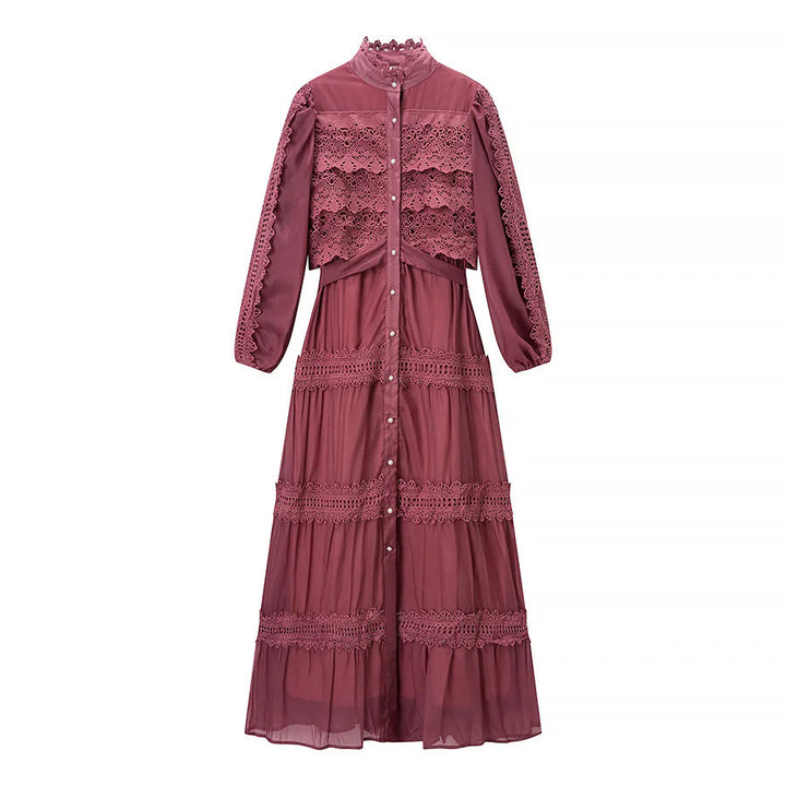 Damen romantisches Maxikleid mit Stehkragen, Knopfleiste und gehäkelten Spitzeneinsätzen – Valéora