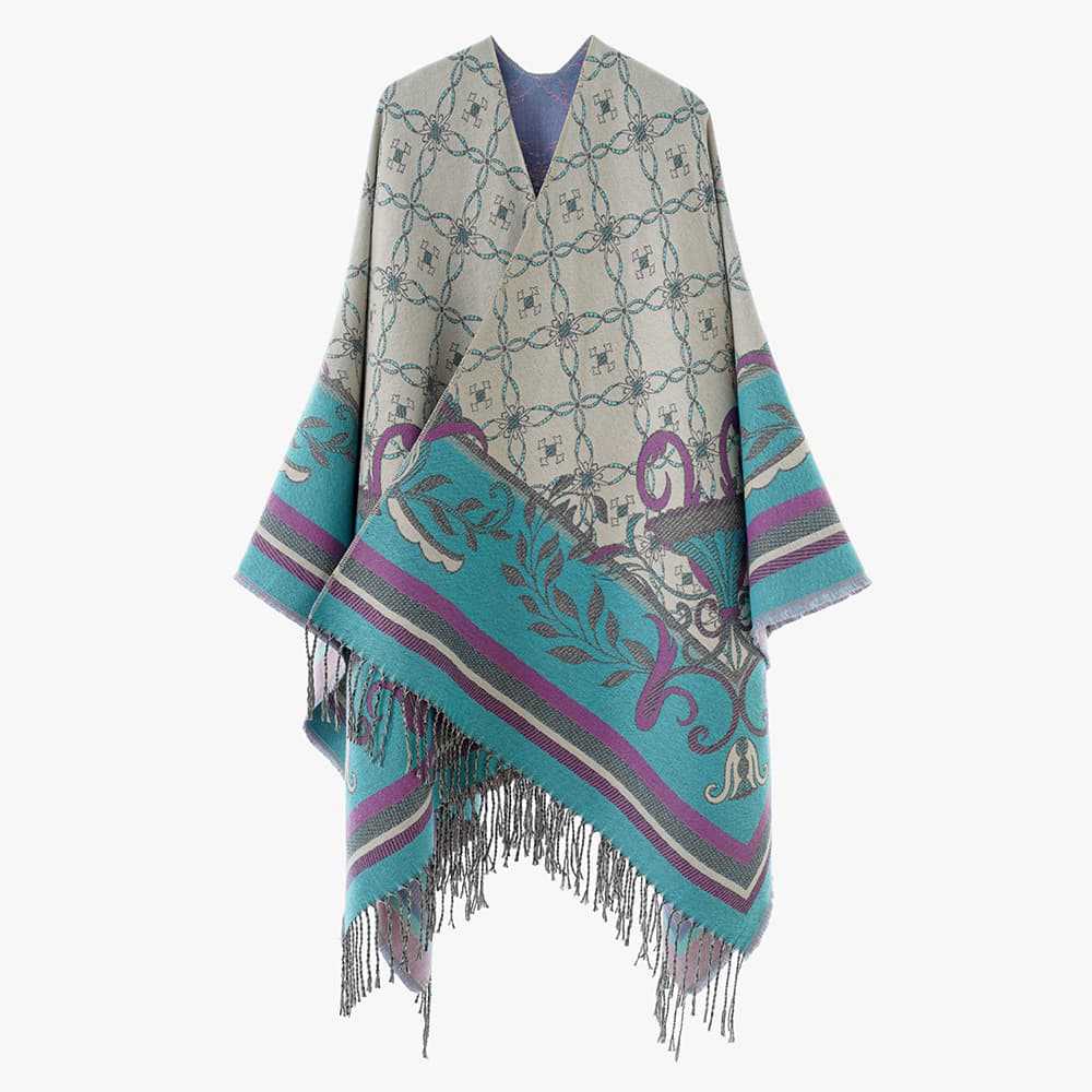 Damen Jacquard‑Gewebter Fransenponcho im Tapisserie‑Look Echo Archiv