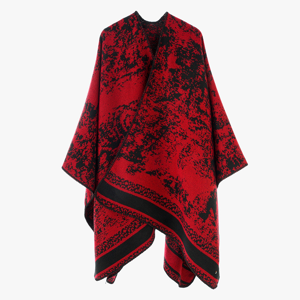 Damen Jacquard‑Überwurfponcho mit offener Front, kastiger Silhouette und fein gekettelter Saumkante – Avérine