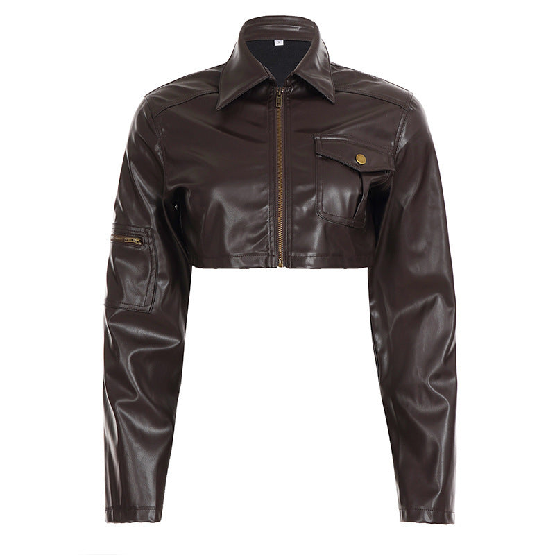 Damen Kurzgeschnittene Lederjacke im Bikerstil mit Hemdkragen und aufgesetzter Brusttasche – Velloura