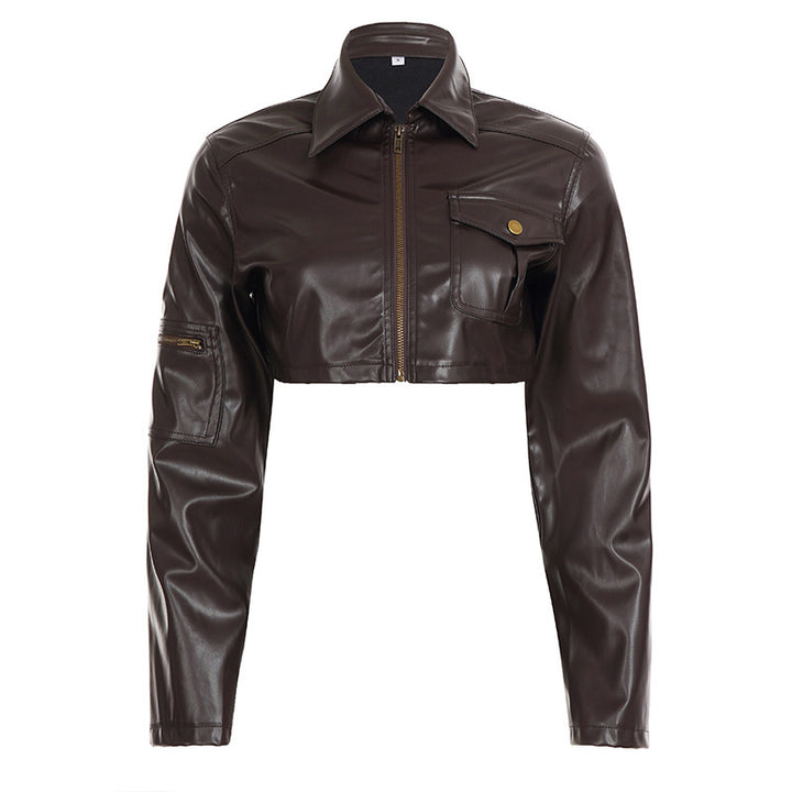 Damen Kurzgeschnittene Lederjacke im Bikerstil mit Hemdkragen und aufgesetzter Brusttasche – Velloura