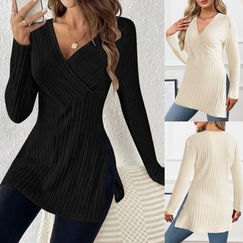 Damen Gerippter Wickel‑V‑Ausschnitt Longpullover mit Taillenbetonung und Seitenschlitzen Echoarchiv