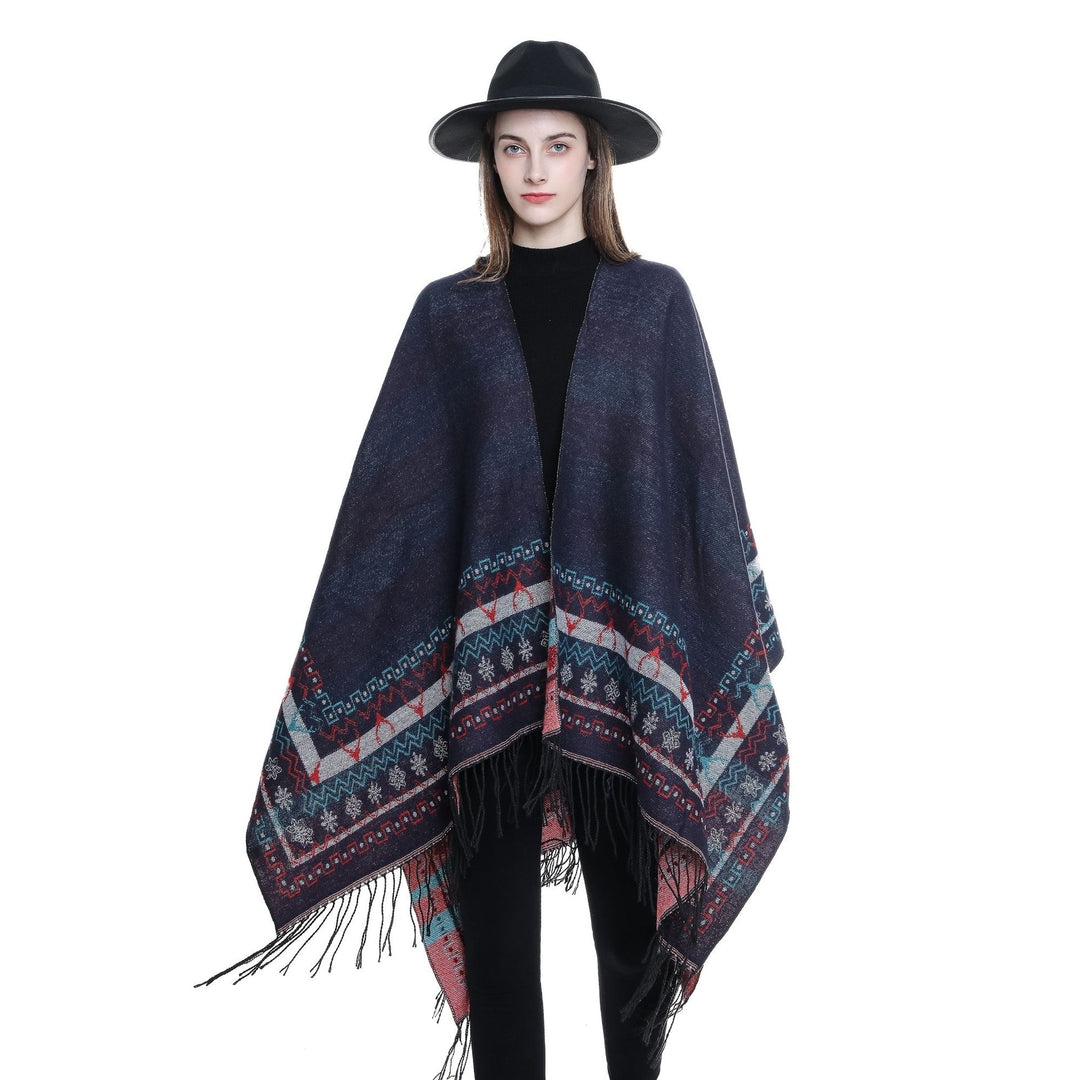 Damen Wollmix-Kimono-Poncho mit Norwegerbordüre und Fransen Echo Archiv
