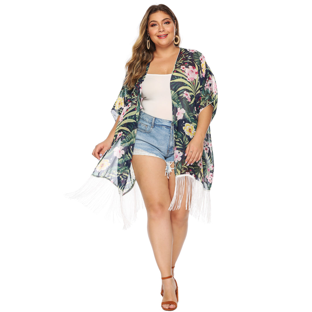 Damen luftiger Strandkimono mit fransigen Akzenten Echo Archiv