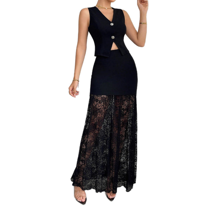 Damen nan zweiteiliges Abend-Set mit taillierter Weste und bodenlangem Spitzen-Overlay-Rock Echo Archiv