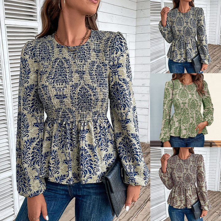 Damen Gerafftes Smock-Blusenshirt mit Peplum und voluminösen Puffärmeln Echoarchiv