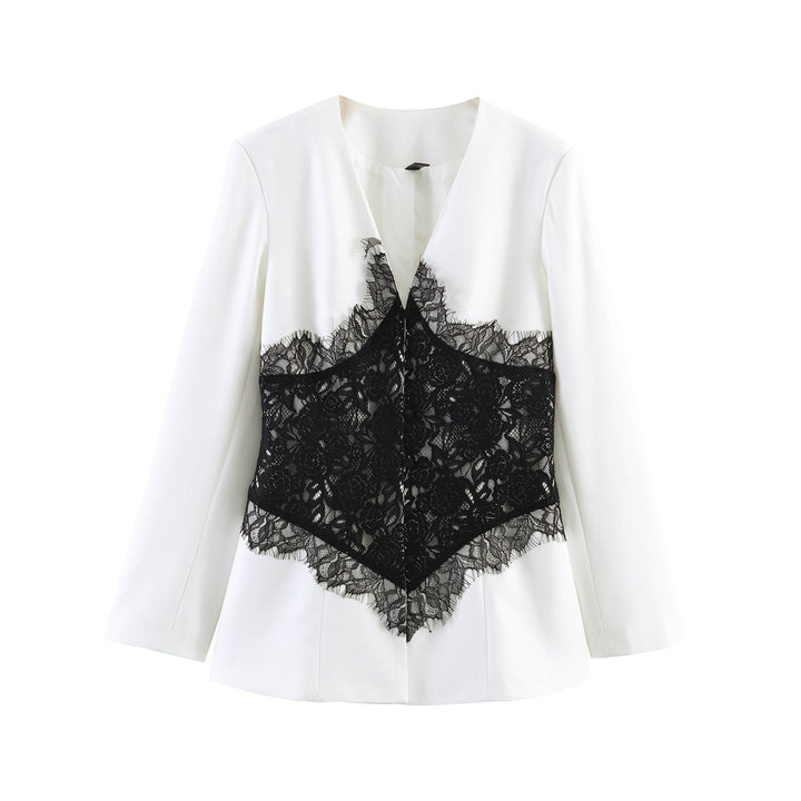 Damen Taillierter Blazer mit V-Ausschnitt und kontrastierender Spitze Echo Archiv