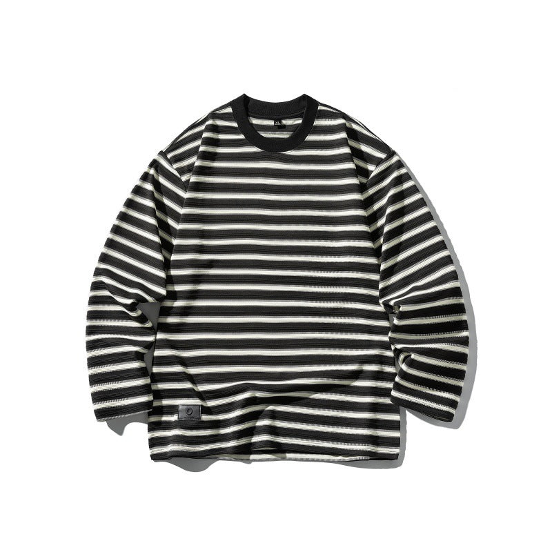Unisex Gestreiftes Oversize-Langarmshirt aus Baumwollmix mit geripptem Rundhals Echoarchiv