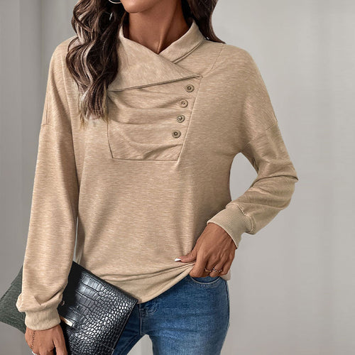 Damen Gekreuzter Stehkragen-Sweatshirt mit Knopfblende und gerippten Bündchen Echoarchiv