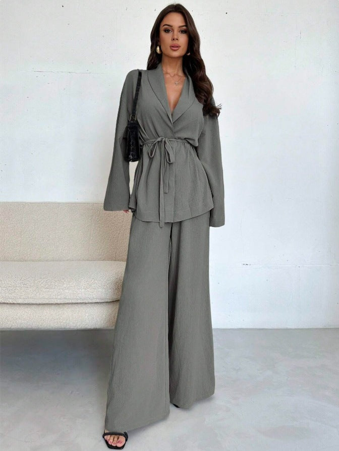 Damen Entspannter Wickelblazer und Weite-Hosen Set Echoarchiv