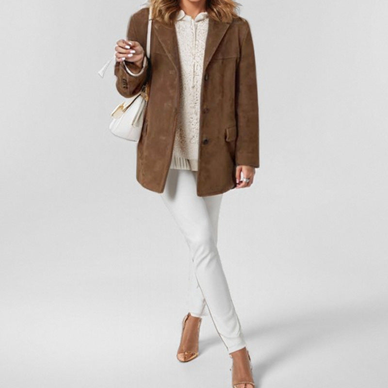 Damen nan Oversize Wildlederblazer mit Reverskragen und aufgesetzten Taschen Echo Archiv
