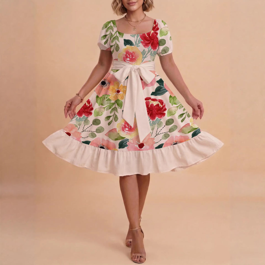 Damen A-Linien-Kleid mit floralen Motiven und taillierbarem Gürtel Echo Archiv